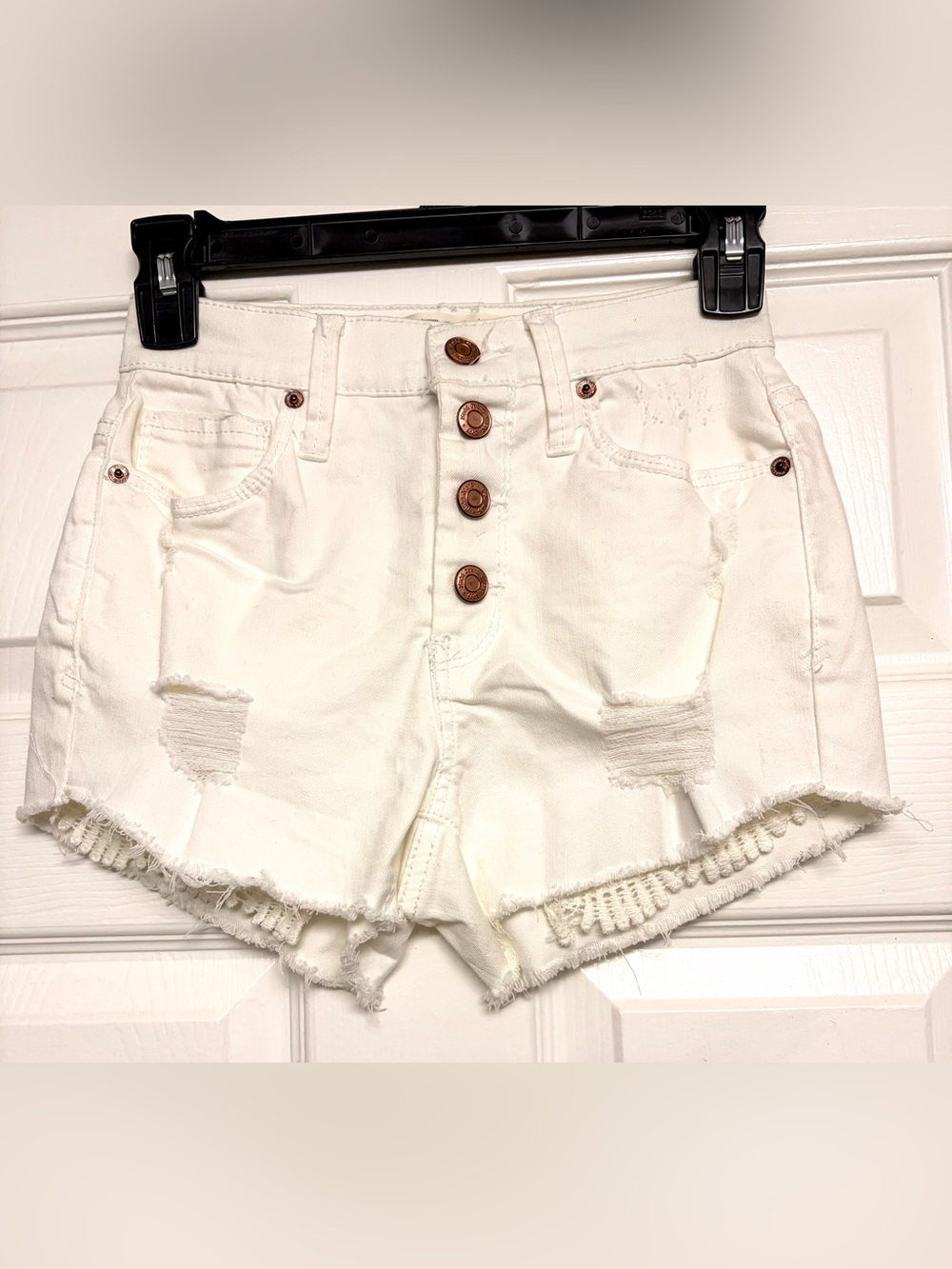 Mudd High Rise White Distressed Button Front Lace Pocket Jean Shorts